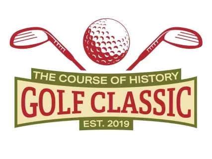 Golf Classic logo with red golf clubs, a ball, and green text on a banner.