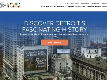 Skyline view of Detroit with overlay text about discovering the city's history.