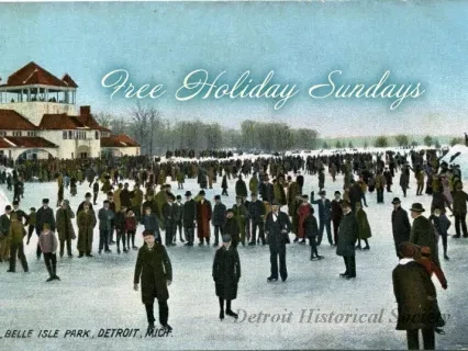 Crowd ice skating on a frozen lake under a clear blue sky near a large building, text overlay reads "Free Holiday Sundays."