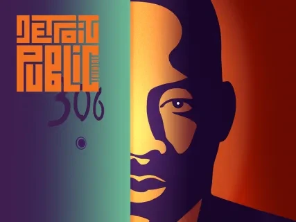 Stylized graphic of Martin Luther King Jr. in purple and orange with event details.