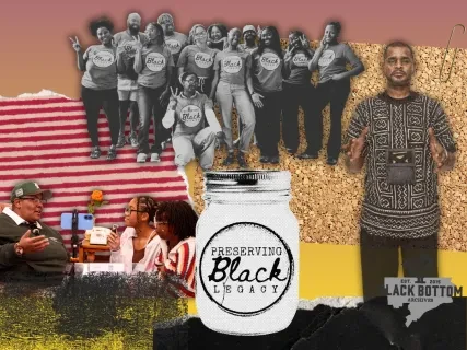 Collage with people standing in groups, a man in traditional attire, and a jar labeled "Preserve Black History."