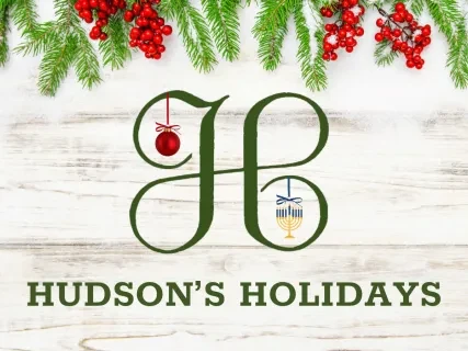 Festive holiday logo with initials "H H", red and gold ornaments, pine branches, and berries.