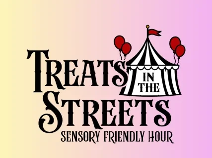 Circus tent with red balloons on pastel background, "Treats in the Streets" text.