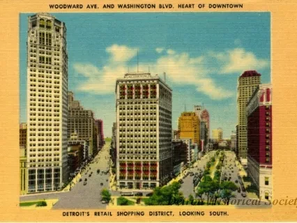 Postcard - Woodward Ave. and Washington Blvd. Heart of Downtown; Detroit's Retail Shopping District, Looking South.