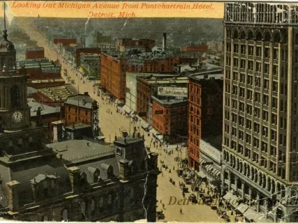 Postcard - Looking Out Michigan Avenue from Pontchartrain Hotel, Detroit, Mich.