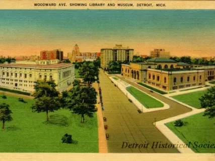 Postcard - Woodward Ave. Showing Library and Museum, Detroit, Mich.