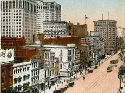 Postcard - Woodward Avenue looking North from Jefferson, Detroit, Mich.