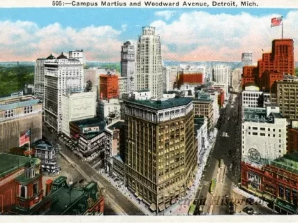 Postcard - Campus Martius and Woodward Avenue, Detroit, Mich.