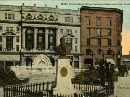 Postcard - Bagley Monument and Palmer Fountain on Campus Martius, Detroit, Mich.