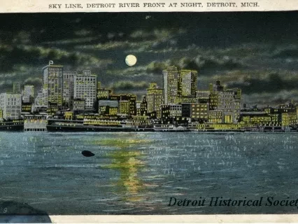 Postcard - Sky Line, Detroit River Front at Night, Detroit, Mich.