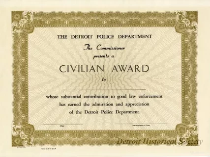 Certificate - The Detroit Police Department
Civilian Award