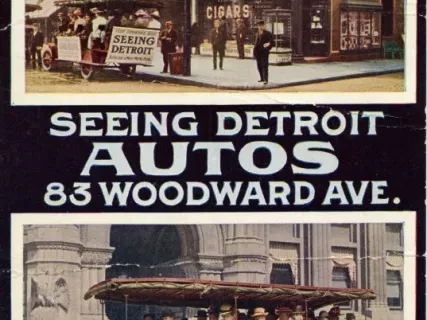 Postcard - Seeing Detroit Autos, 83 Woodward Ave.