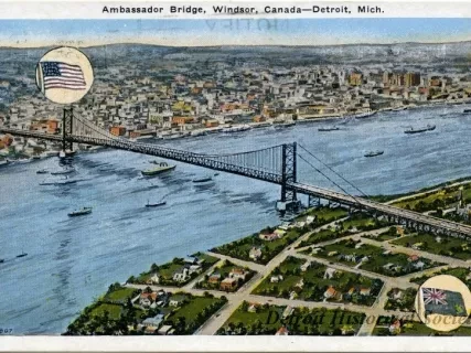 Postcard - Ambassador Bridge, Windsor, Canada--Detroit, Mich. - Ambassador Bridge