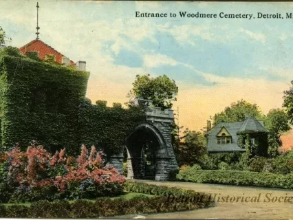 Postcard - Entrance to Woodmere Cemetery, Detroit, Mich.