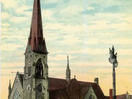 Postcard - Central M.E. Church, cor. Adams and Woodward Avenue, Detroit, Mich.