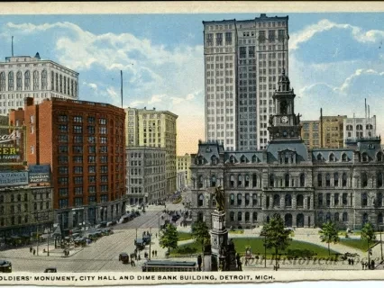 Postcard - Soldiers' Monument, City Hall and Dime Bank Building, Detroit, Mich.