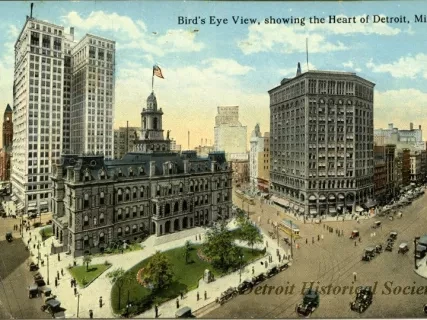 Postcard - Bird's Eye View, showing the Heart of Detroit, Mich