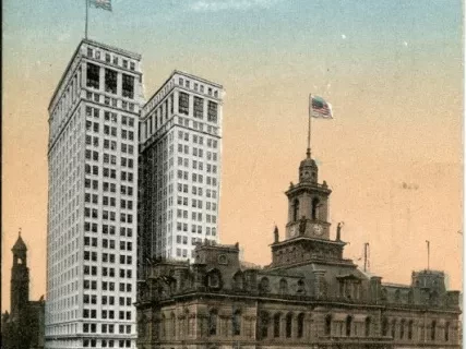 Postcard - Fort St., West from Woodward showing City Hall, Dime Bank Bldg, and Post Office, Detroit Mich.