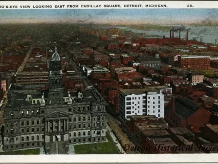 Postcard - Bird'sEye View looking East from Cadillac Square, Detroit, Michigan.