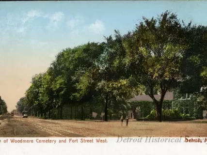 Postcard - View of Woodmere Cemetery and Fort Street West. Detroit Mich.