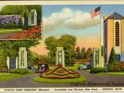 Postcard - Acacia Park Cemetery (Masonic) - Southfield and Thirteen Mile Road - Detroit, Mich.