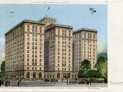 Postcard - "The Wardell" 15 Kirby Ave., E. Corner Woodward Avenue, Detroit, Michigan.