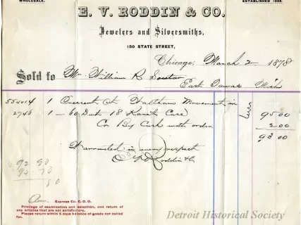 Receipt - E. V. Roddin & Co.
Jewelers and Silversmiths