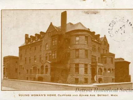Postcard - Young Woman's Home, Clifford and Adams Ave. Detroit. Mich.