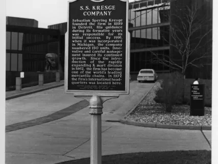 Print, Photographic - Marker in front of the main entrance of the Kresge International Headquarters