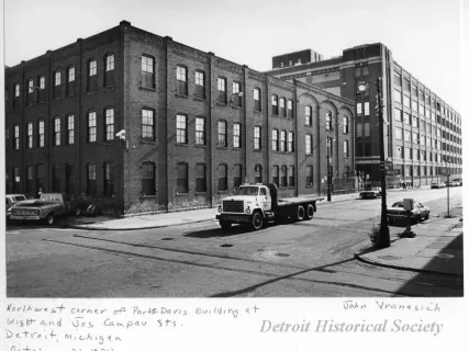 Print, Photographic - Northwest corner of Parke Davis Building at Wight and Jos Campau Sts., Detroit, Michigan