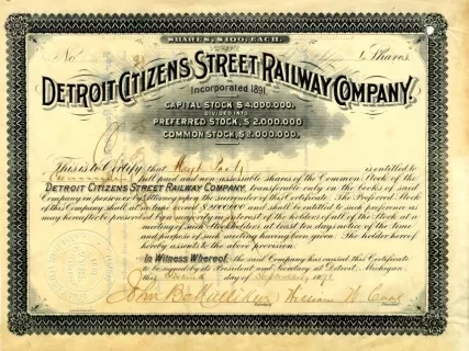 Certificate, Stock - Detroit Citizens Street Railway Company