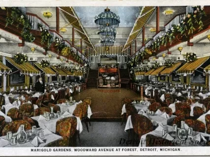 Postcard - Marigold Gardens, Woodward Avenue at Forest, Detroit, Michigan.