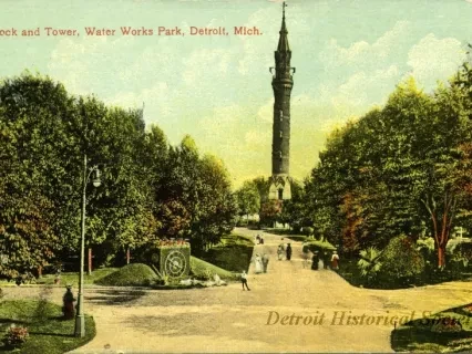 Postcard - Clock and Tower, Water Works Park, Detroit, Mich.