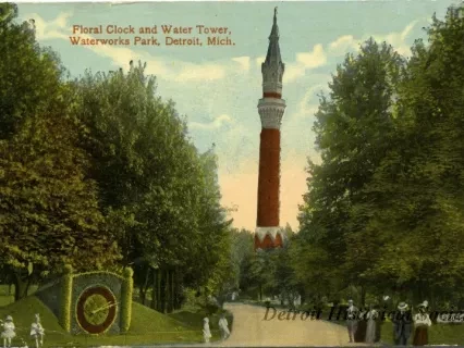 Postcard - Floral Clock and Water Tower, Waterworks Park, Detroit, Mich.