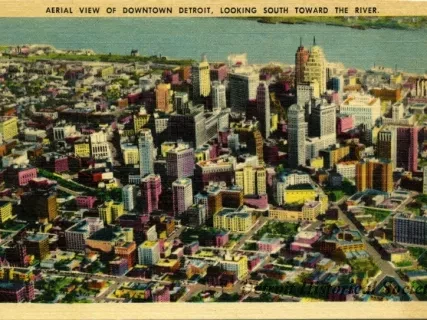 Postcard - Aerial View of Downtown Detroit, Looking South Toward the River.