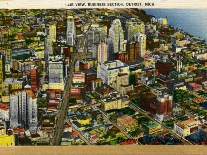 Postcard - Air View, Business Section, Detroit, Mich.