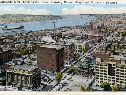 Postcard - Lafayette Blvd. Looking Southwest showing Detroit River and Canada in distance.