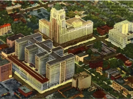 Postcard - Air View of Genreal Motors, Fisher Bldg. and Art Center Bldg., Detroit Mich.