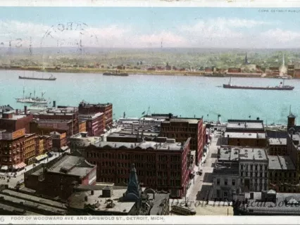 Postcard - Foot of Woodward Ave. and Griswold St., Detroit, Mich.
