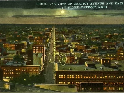 Postcard - Bird's Eye View of Gratiot Avenue and East Side by Night, Detroit, Mich.
