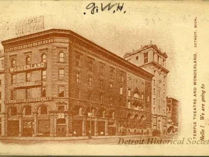 Postcard - Temple Theatre and Wonderland, Detroit, Mich. Hello! We are going to The Temple Theatre Tonight!