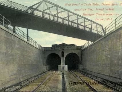 Postcard - West Portal of Twin Tubes, Detroit, River Tunnel, American Side, through which Michigan Central trains run, Detroit, Mich.