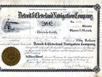 Certificate, Stock - Detroit & Cleveland Navigation Company