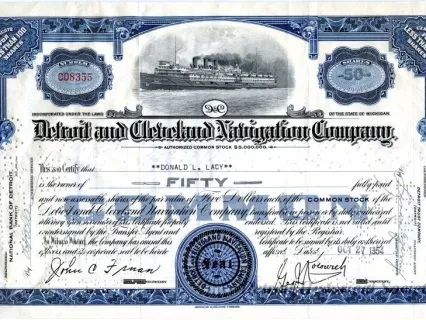 Certificate, Stock - Detroit and Cleveland Navigation Company
