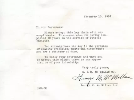 Letter - G. & R. McMillan Company, 
Purveyors of Fine Foods