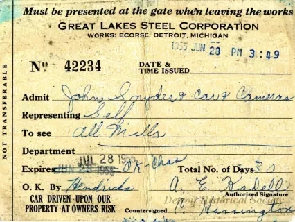 Card, Admittance - Great Lakes Steel Corporation