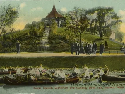 Postcard - Cedar Mount, Waterfall and Canoes, Belle Isle, Detroit, Mich.