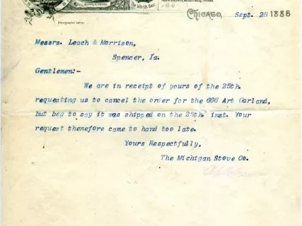 Letter - Michigan Stove Company