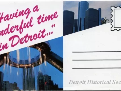 Postcard - "Having a wonderful time in Detroit ..."