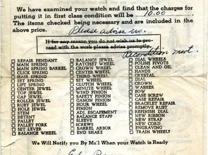 Receipt - Watch Repair Department
[Wright, Kay & Company]